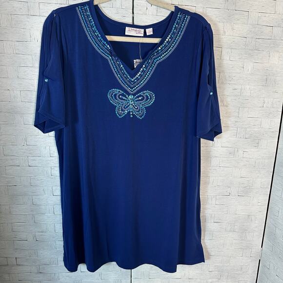Quacker factory women’s top embroidered beaded butterfly slit sleeve feminine - Picture 1 of 10